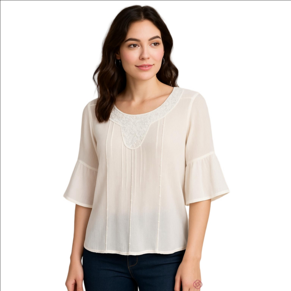 Suzanne Somers White Embroidered Scoop Neck Blouse
